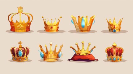 UI level rank icon. Cartoon modern illustration set of different states and progress steps of the golden crown - broken dirty, simple yellow, with a red pillow and blue gemstone. - obrazy, fototapety, plakaty