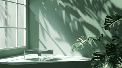 Realistic modern illustration of minimalistic natural eco composition with empty crystal or plexiglass stand. A pentagon clear product podium mockup with monstera leaves shadowed against a green