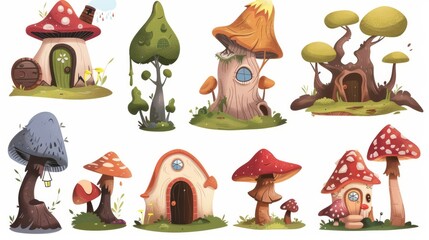 Cartoon illustration set of magic fairy gnome home in mushrooms and tree stumps, featuring windows, doors and roof.