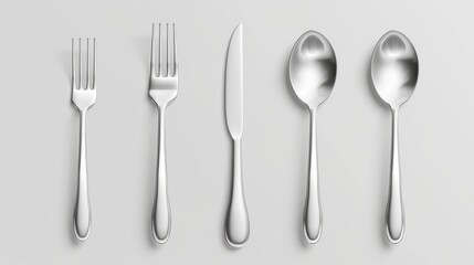 The modern illustration is a 3D set of a fork, knife, and spoon isolated on a white background. Cutlery set made of stainless steel or silver, modern design used in restaurant kitchens and dining