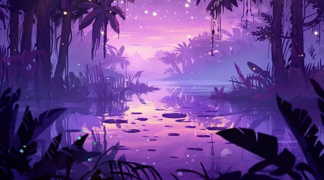 Enchanted Violet Waters: A mystical fantasy lake nestled within the depths of a glowing purple forest, where ethereal li Seamless looping 4k time-lapse virtual video animation background. Generated AI
