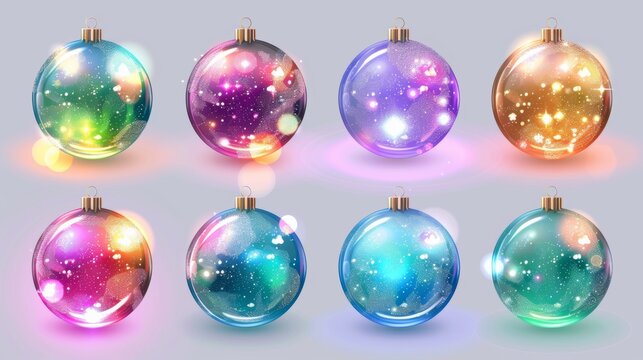 Crystal bubble ornament toy for winter holidays. Christmas tree glass globe decorations. A realistic modern illustration set of colorful, shiny xmas balls with bright sparkles. A New Year crystal
