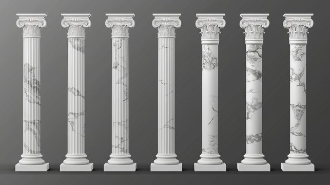 An illustration of ancient Roman and Greek architecture design elements including a classical colonnade, isolating antique marble pillars on a transparent background.