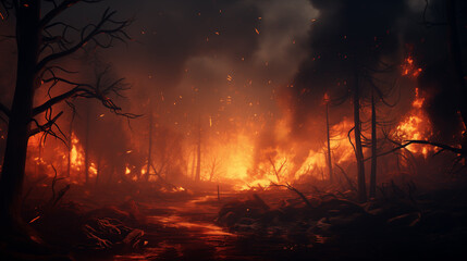 Fototapeta na wymiar A dense forest becomes engulfed in a captivating display of countless burning trees. Forest fire concept.