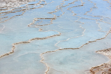 Pamukkale white mineral limestone natural pool. Geology landmark. Turkey