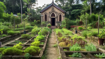A garden with various plants and flowers, with a building in the background, possibly a temple