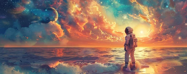 Foto op Canvas Whimsical Astronaut exploring a tranquil seascape at sunset © Puttharak