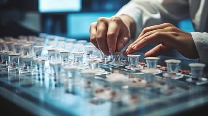 Flask in scientist hand with lab glassware background, Laboratory research concept