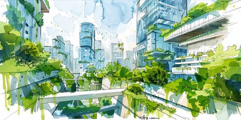 Architectural sketch of a futuristic cityscape with greenery. - obrazy, fototapety, plakaty