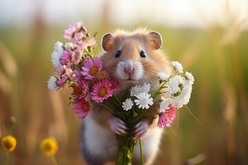 Cute hamster with pink and white wildflowers on the background of nature.  Close-up