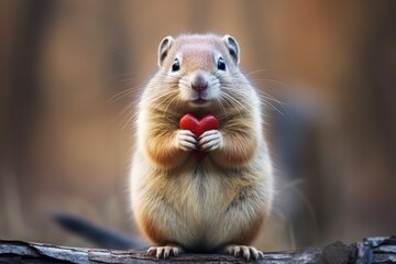 A cute animal with a small red heart is holding in its paws. Close-up.