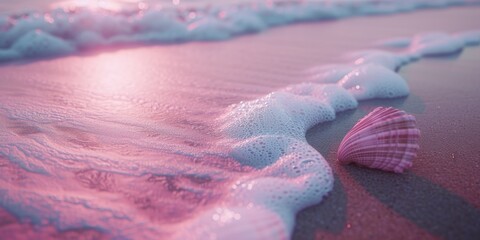 sea waves on a sandy beach with a shell in pink color. Close-up.background