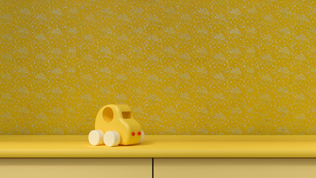 3D render of yellow toy car standing against yellow background
