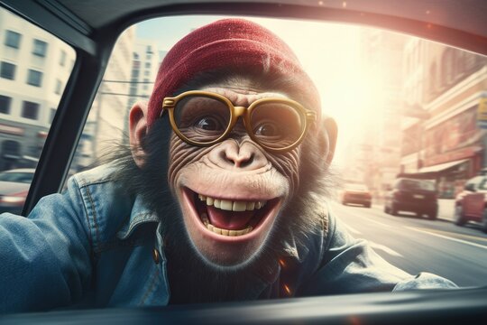 A smiling monkey in the vending machines. The face of a laughing monkey driving a car.