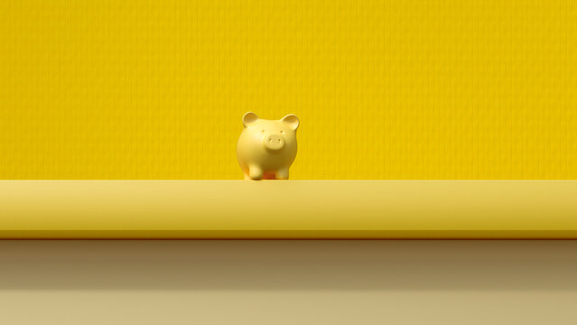 3D render of yellow piggy bank standing against yellow background