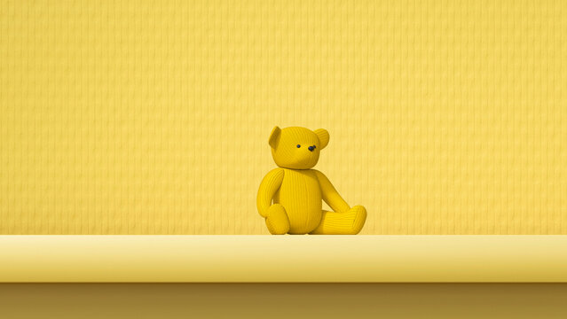 3D render of yellow teddy bear lying against yellow background