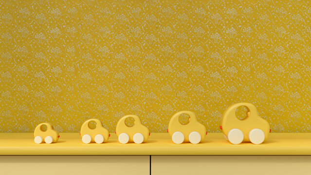 3D render of yellow toy cars standing against yellow background