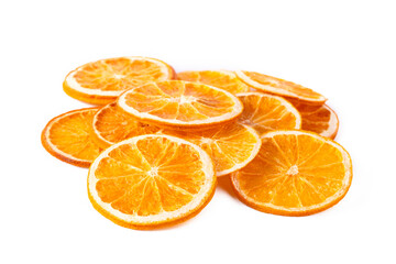 Delicious dry - dried orange slices on white background - obrazy, fototapety, plakaty