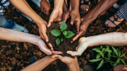 Several hands of people of different ethnicities holding a plant with soil between them all - obrazy, fototapety, plakaty