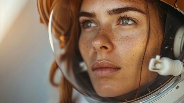 Portrait of a Female Astronaut on Space Exploration and Innovation. Beyond Earth