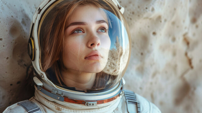 Portrait of a Female Astronaut on Space Exploration and Innovation. Beyond Earth