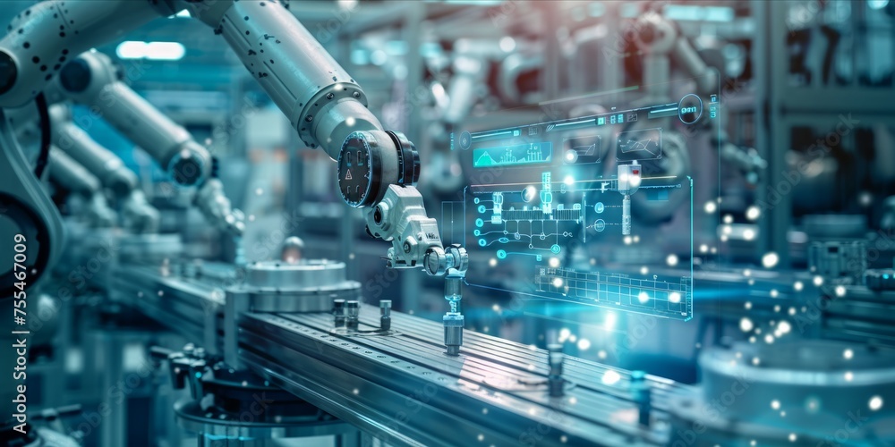 Poster robotic arms in a high tech manufacturing unit with holographic interface.
