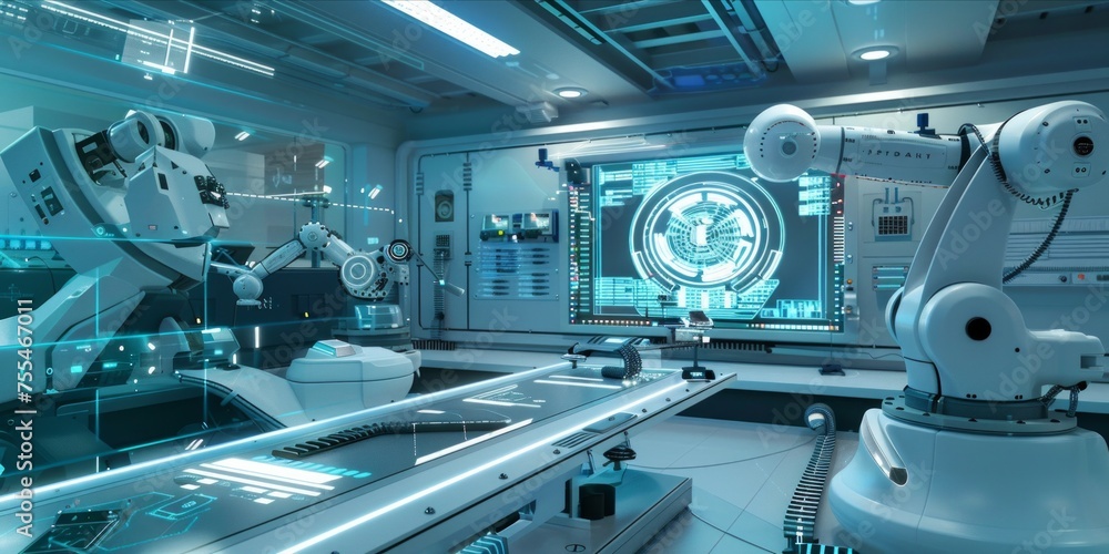 Poster robotic arms in a high tech manufacturing unit with holographic interface.