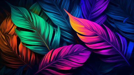 A collection of vibrant neon leaves spread out against a dark black backdrop