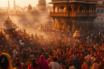 The contrast between the serenity of devotees in prayer and the bustling, lively atmosphere of the festival surroundings.