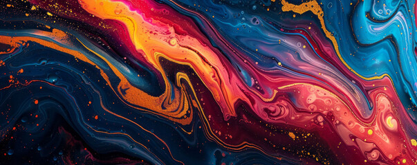 An intricate portrayal of lively and dynamic liquid marble is meticulously fashioned with swirled pigmented paint, elevated by delicate metallic accents to evoke a refined and elegant aesthetic.