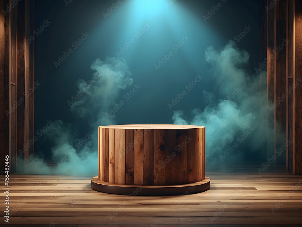 Poster the empty wooden cylinder shape of the product display podium design, stands for showing or designin