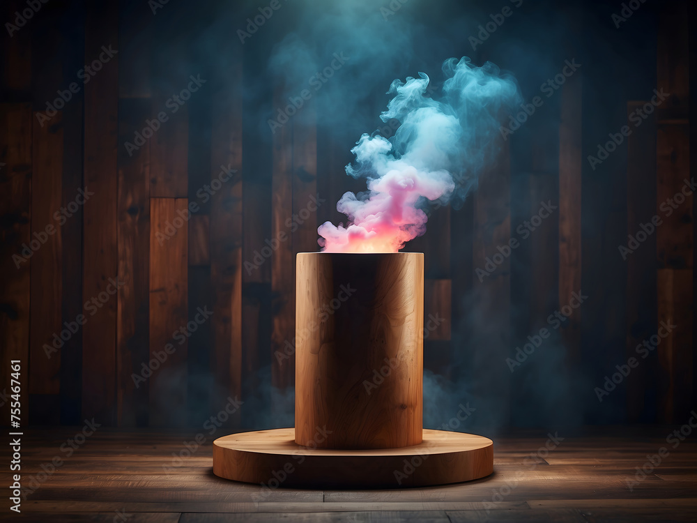 Aufkleber the empty wooden cylinder shape of the product display podium design, stands for showing or designin