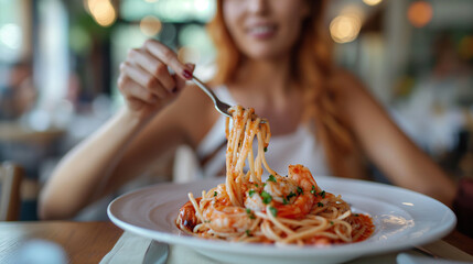Woman unfocused eating tasty pasta with shrimps and tomato sauce in italian  restaurant 
