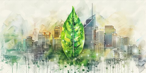 Artistic cityscape with a prominent green leaf motif.