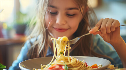 Smiling girl eating tasty pasta spaghetti  with tomato sauce at home kitchen 
