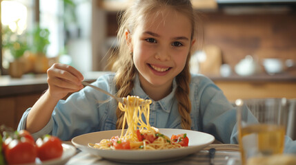 Smiling girl eating tasty pasta spaghetti  with tomato sauce at home kitchen 