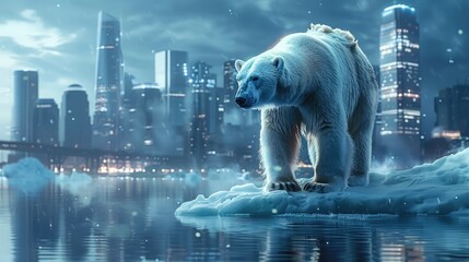 A polar bear stands solemnly on a dwindling iceberg, juxtaposed against a futuristic urban skyline