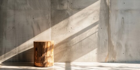 Wooden log stool in a room with shadow patterns on the wall.