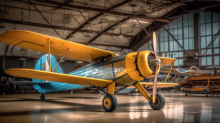 Classic aircraft with yellow and blue color scheme parked inside a hangar