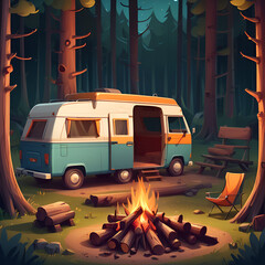 Cartoon camper van and camping at night in the forest,