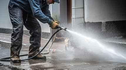 A plumber using a water hose to clean or repair a fire hydrant on the street