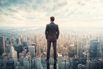 Plakat Back view of a young businessman standing on a rooftop looking at the city