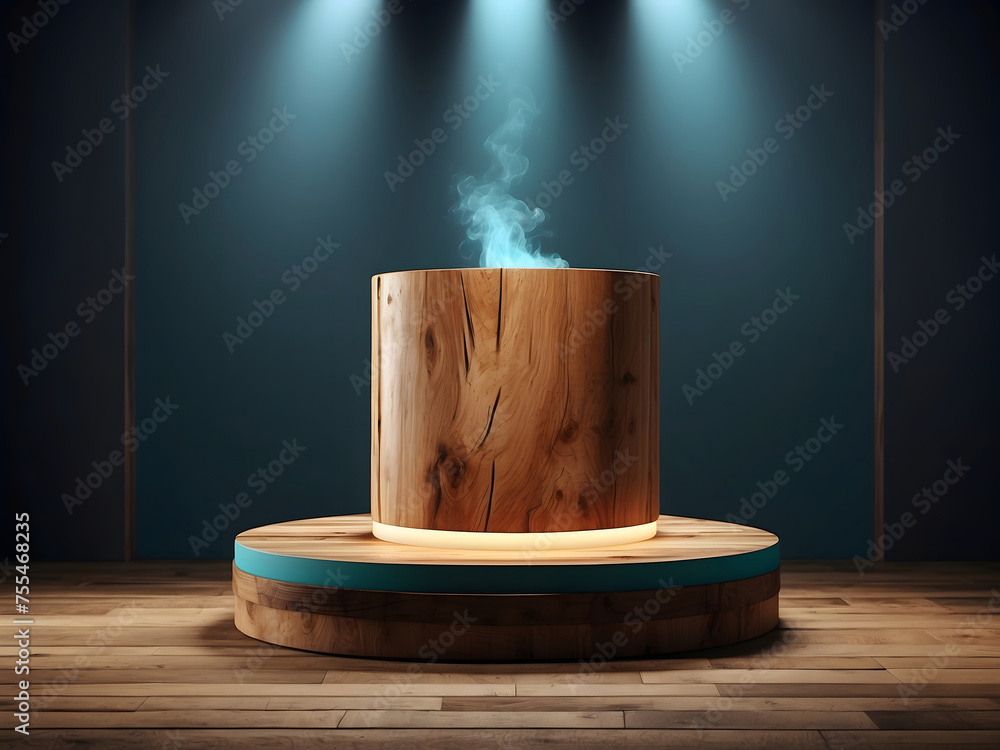 Aufkleber the empty wooden cylinder shape of the product display podium design, stands for showing or designin