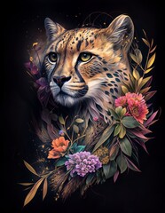 Leopard portrait with flowers and leaves on black background. Digital painting.