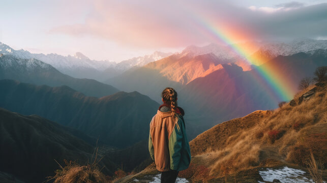 Back view of girl standing on white and pink mountains with rainbow in background