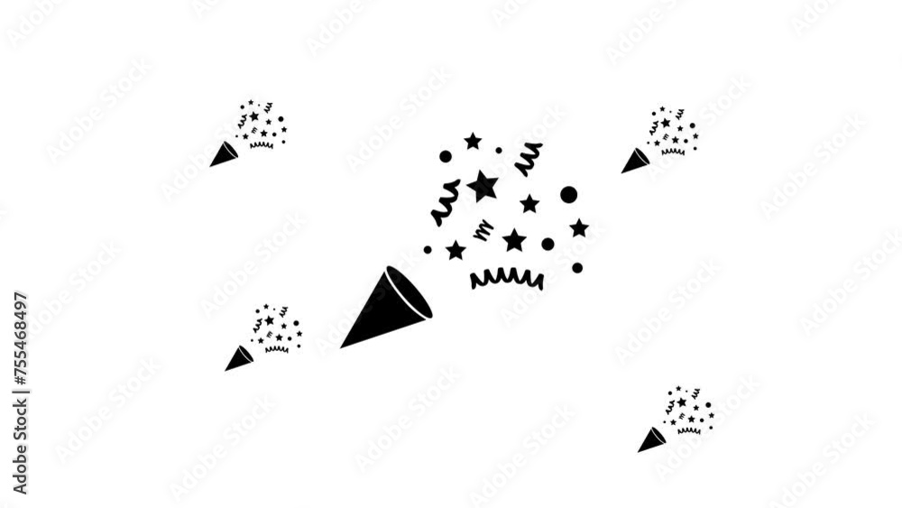 Poster zoom in and out animation the exploding party popper symbol. large black symbol in the center and fo