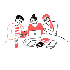 Young people study together with books and laptop prepare for school exam.