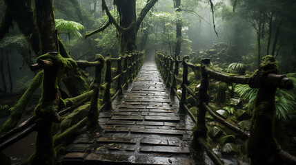A wooden bridge in a lush rainforest environment
