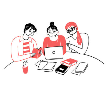 Young people study together with books and laptop prepare for school exam.