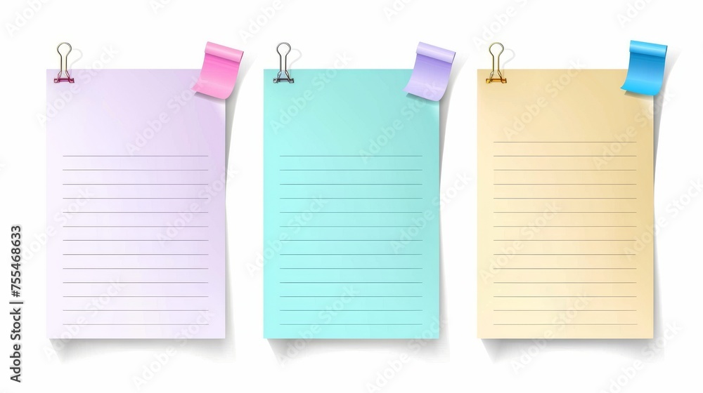 Poster white and colorful notepad pages with stickers for memory writings. realistic modern illustration se